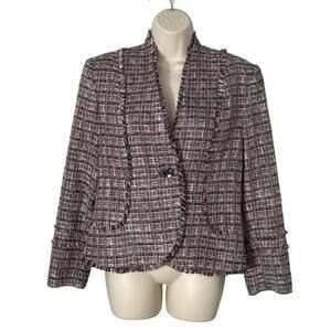 I.E. Petites Black Pink Tweed One Button Fringe Trim Jacket Size 14P